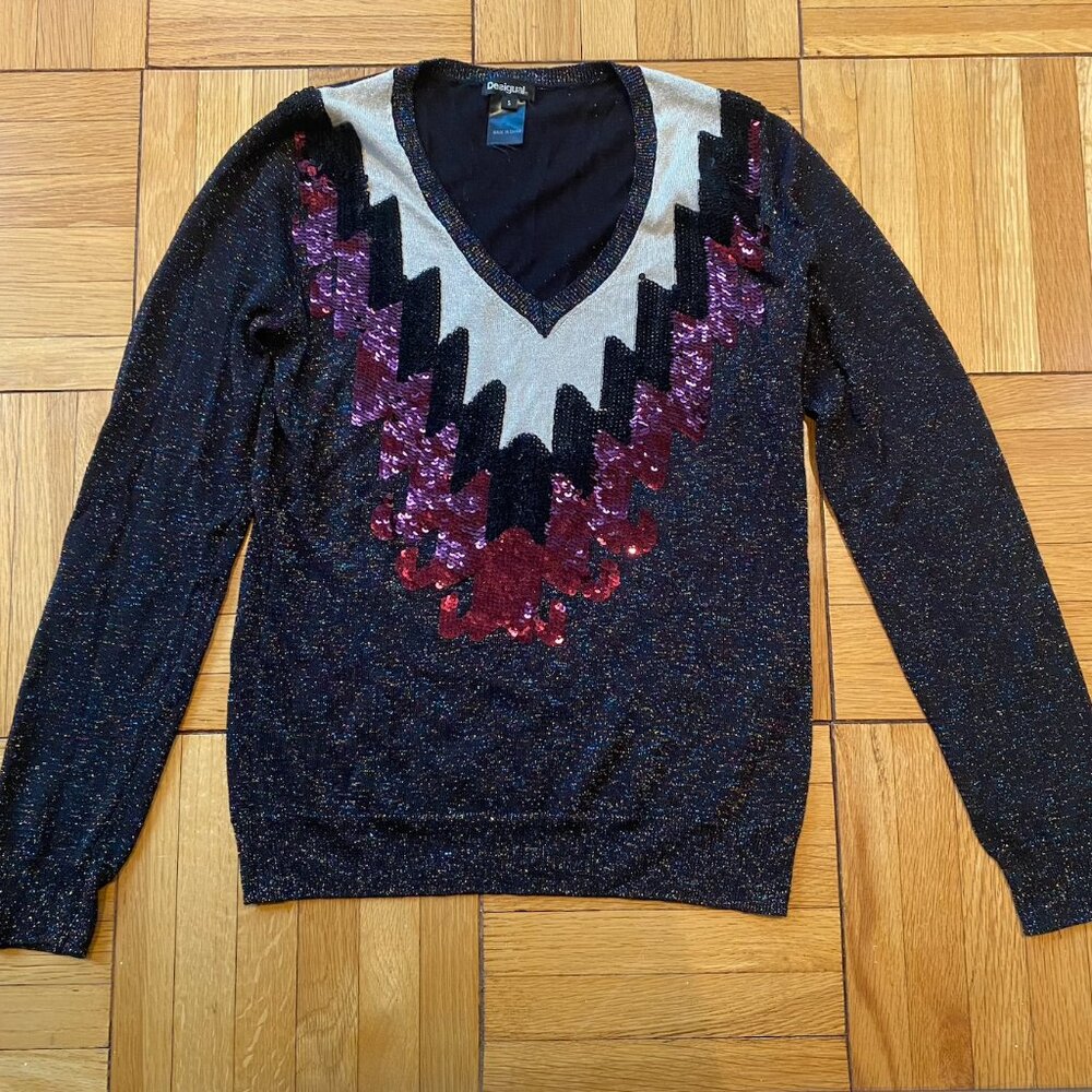 Desigual V-neck Black Shimmer Metallic Disco Women's Sweater